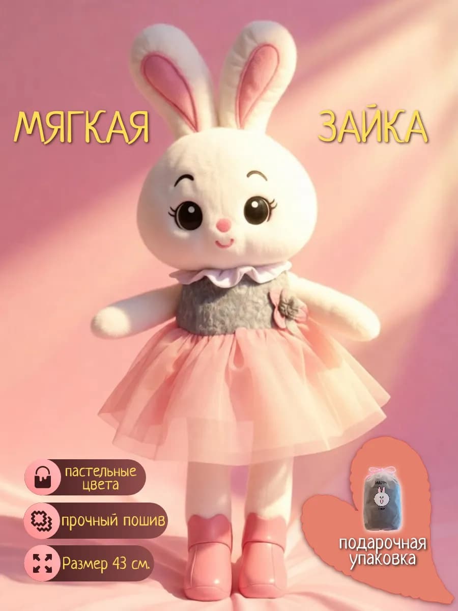 Мягкая игрушка зайчик белый в розовой юбке