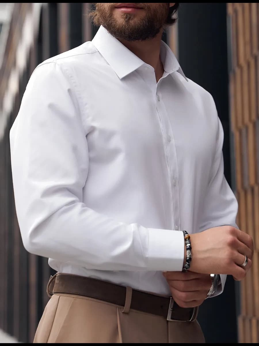 Рубашка в рубчик полуприталенная классическая длинный рукав