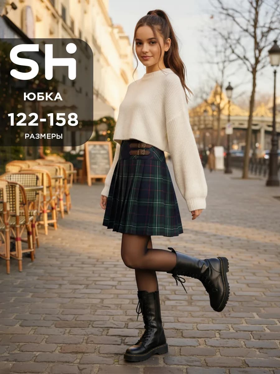 Школьная юбка со складками для подростка в клетку