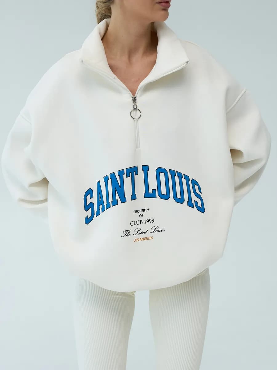 Свитшот оверсайз полузамок с принтом и начесом - фото 1