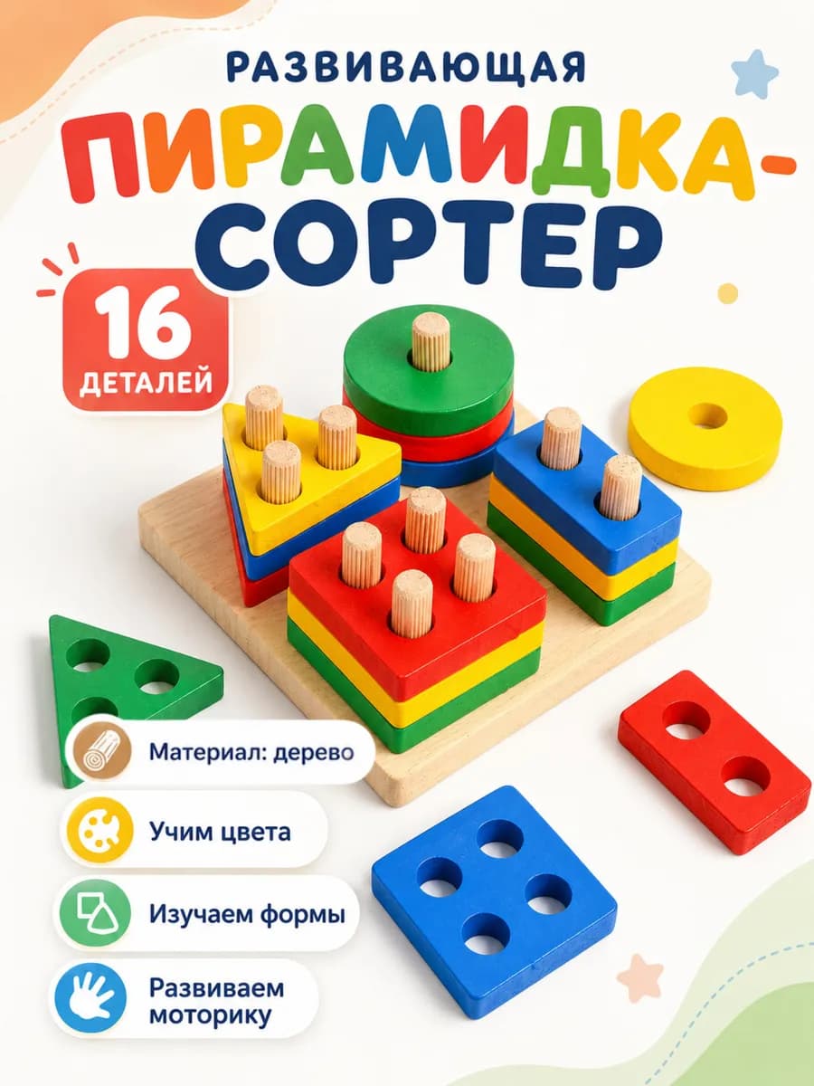 Сортер для малышей деревянный пирамидка детская