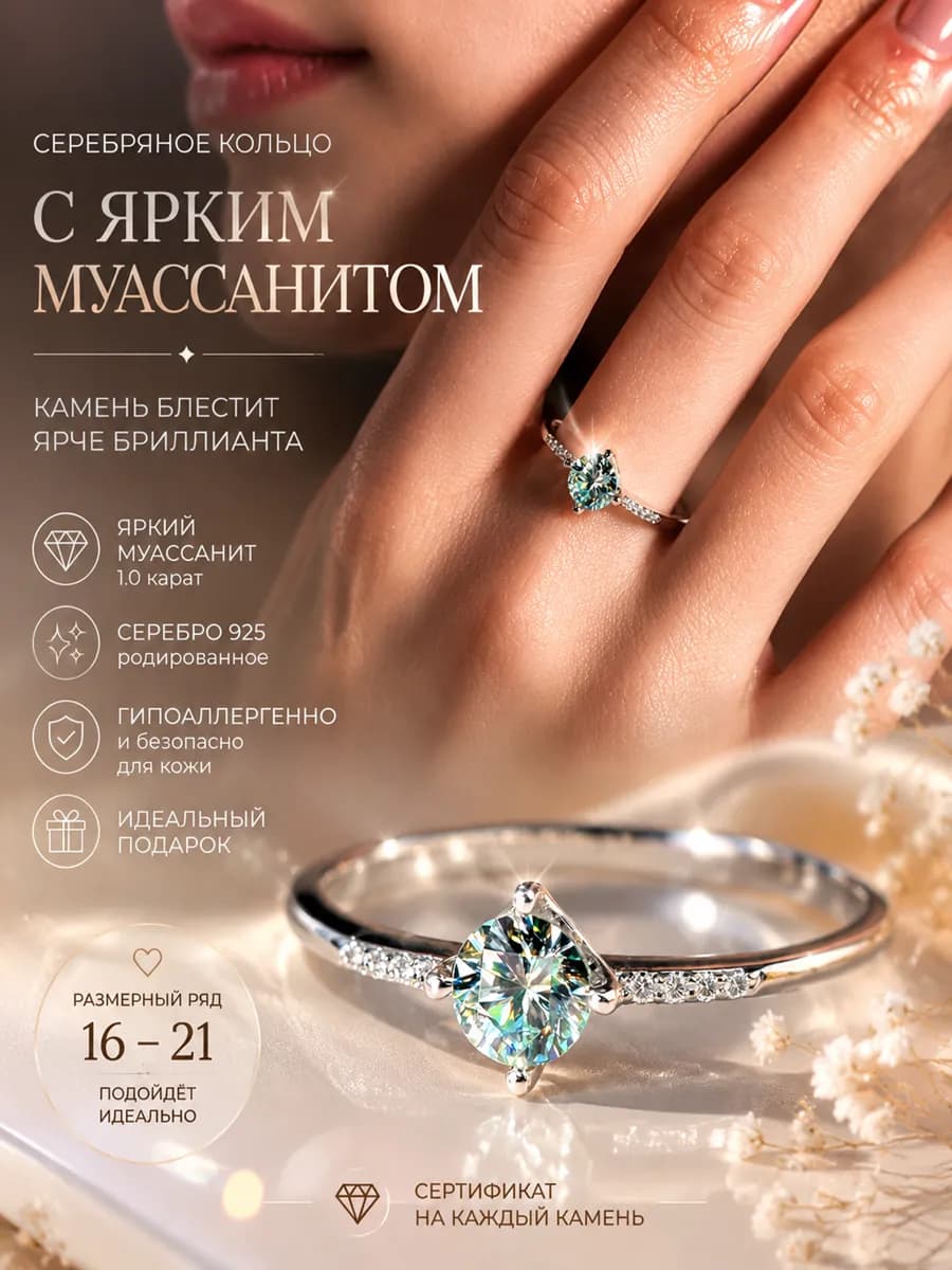Ювелирное кольцо серебро 925 с Муассанитом