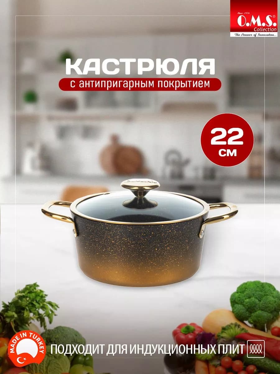 Кастрюля антипригарная с крышкой 22 см индукционная