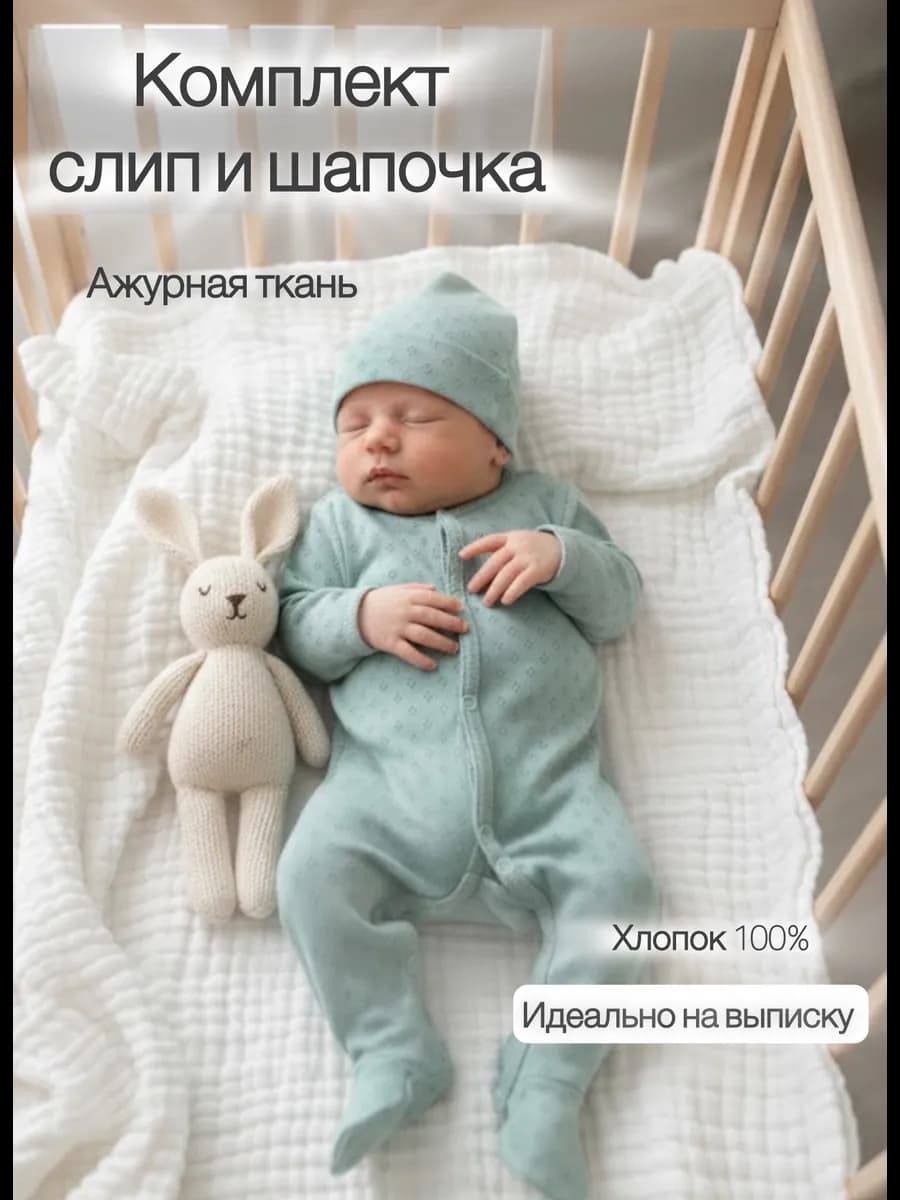 Комплект для новорожденных на выписку слип и шапочка