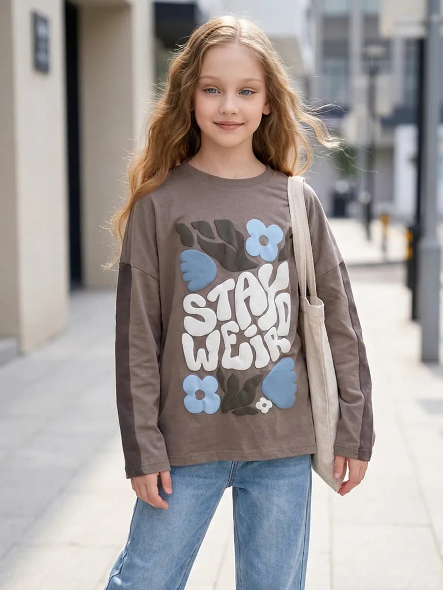 Лонгслив для девочки оверсайз с принтом