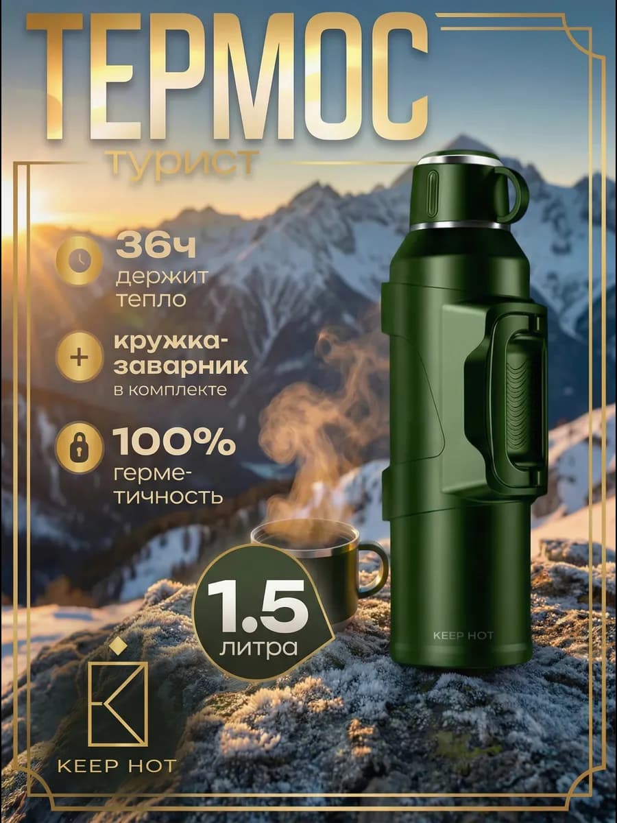 Металлический термос для чая и кофе 1,5 литра с кружкой