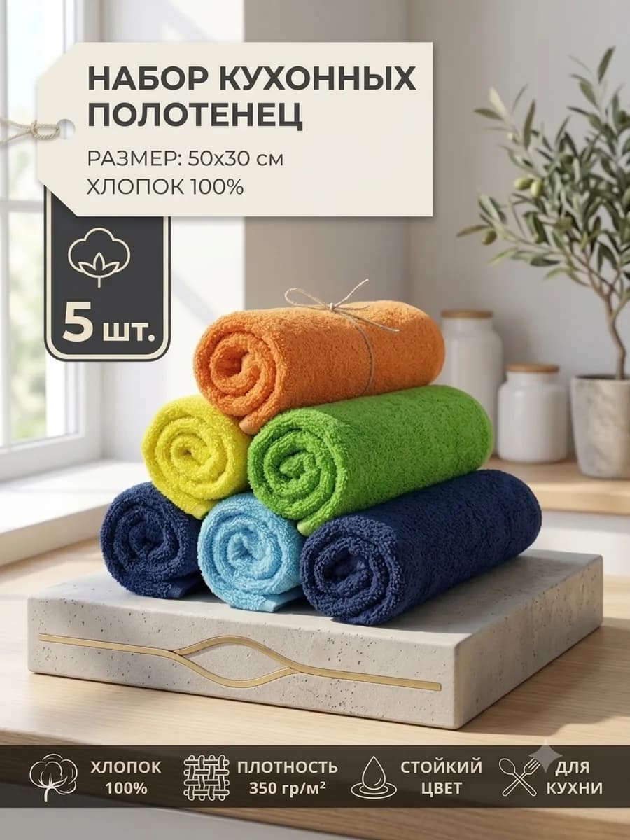 Кухонные полотенца - 5 шт Салфетки махровые 50x30 Хлопок
