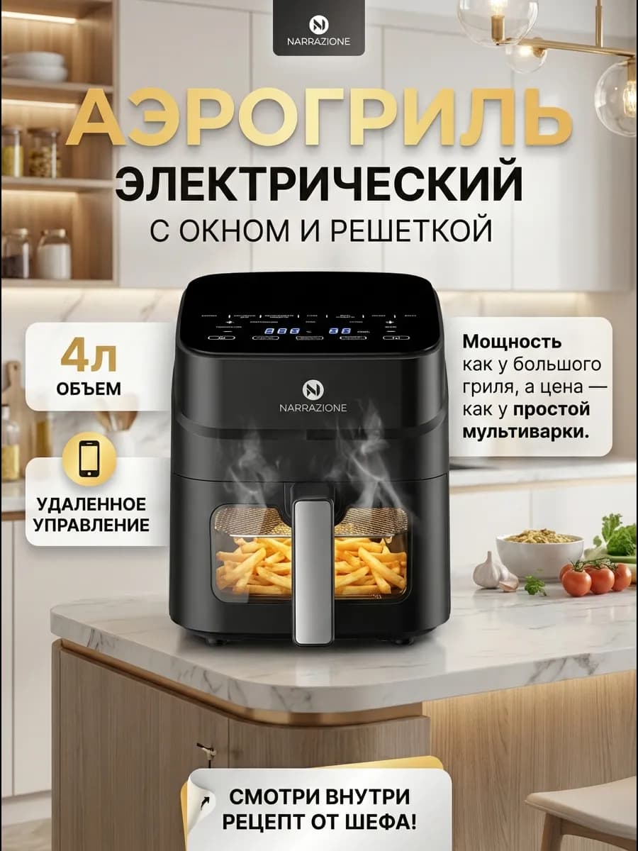 Аэрогриль электрический 4л чашей с окном для дома с WI-FI