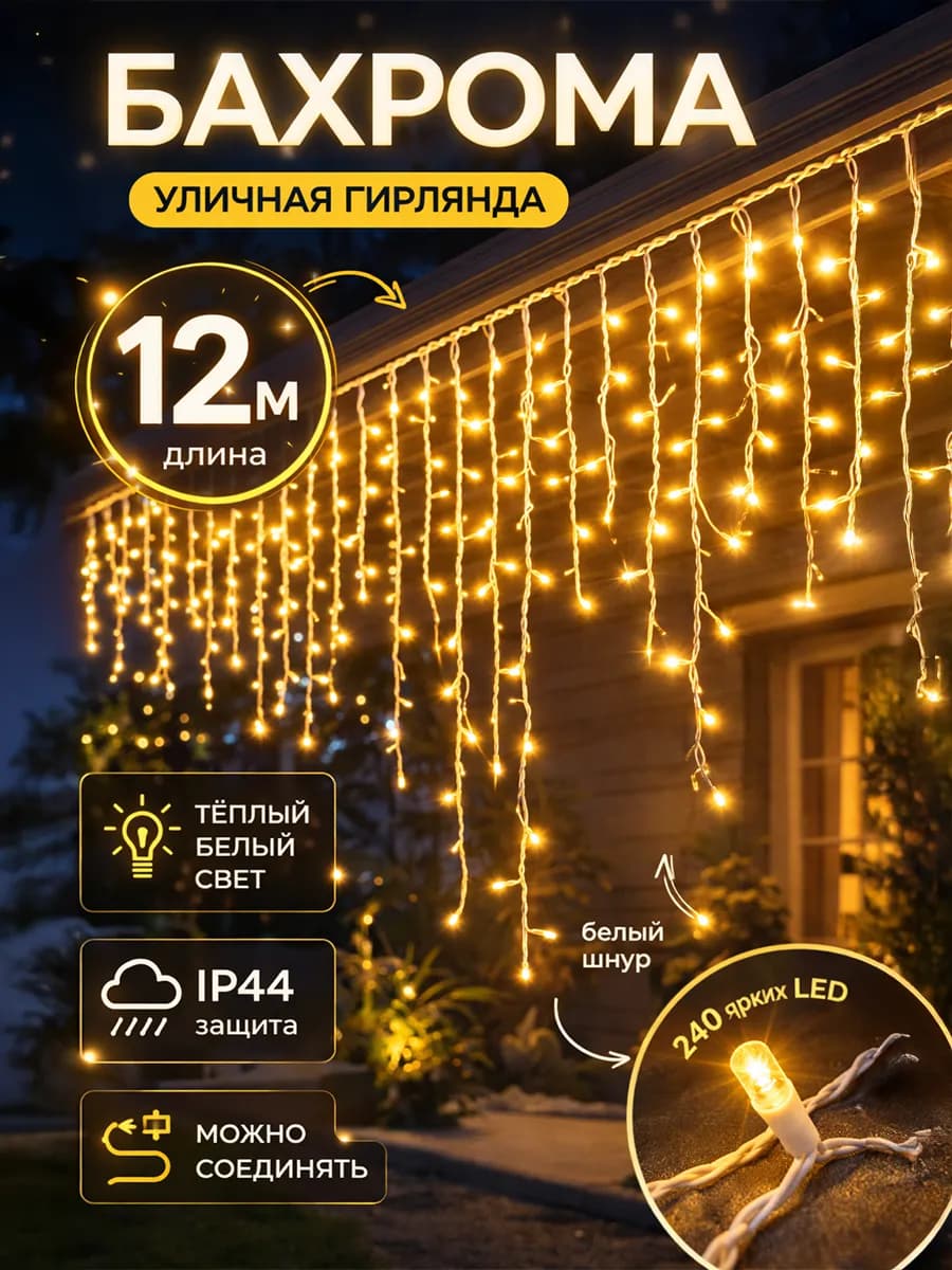 Гирлянда уличная бахрома на дом 12 метров