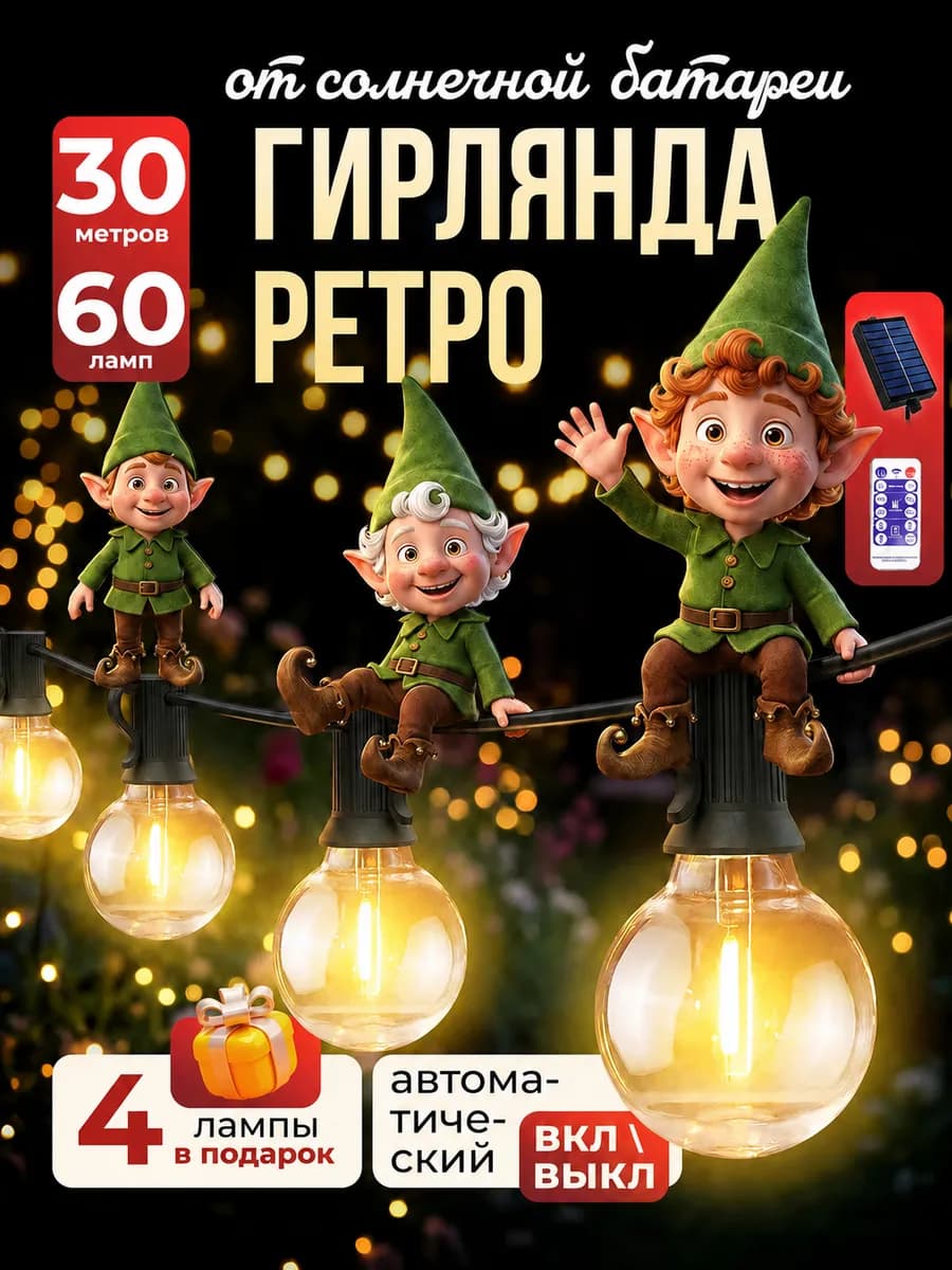 Гирлянда на солнечной батарее уличная 30 метров