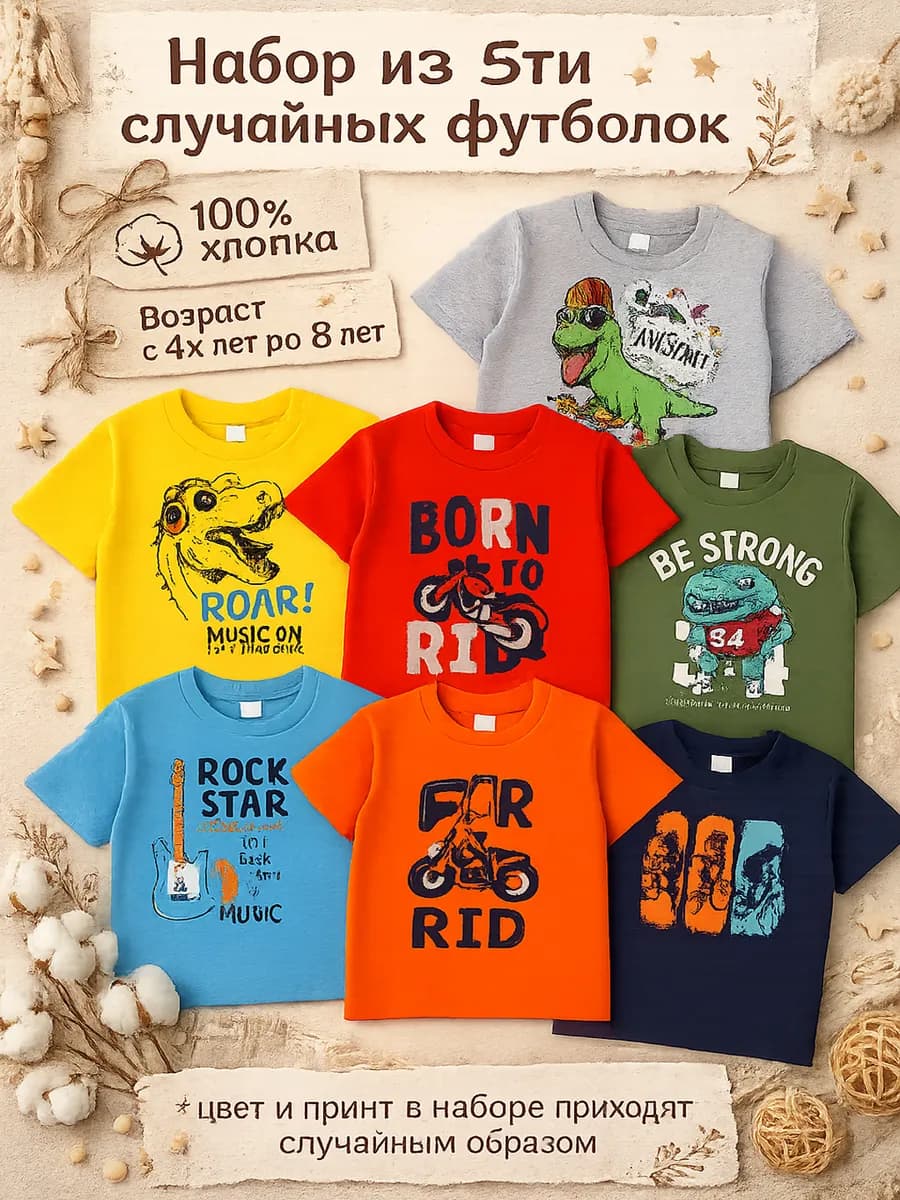 Набор детских летних футболок с принтом 5 шт