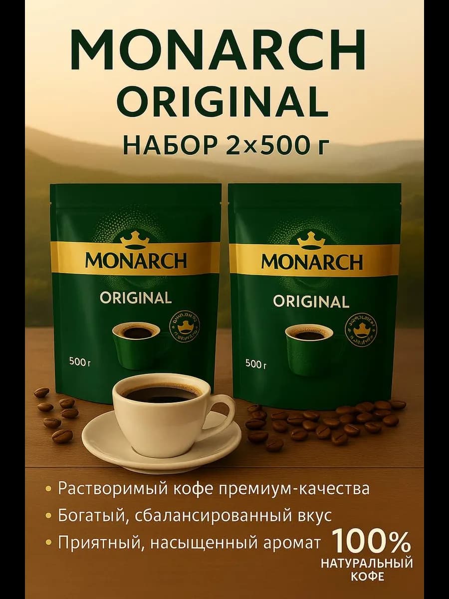 Кофе натуральный растворимый Якобс Монарх, 2шт по 500 г
