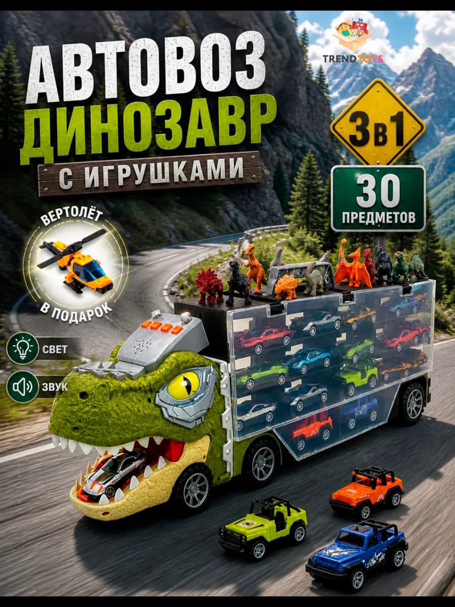 Игровой набор музыкальный автовоз с машинками и динозаврами