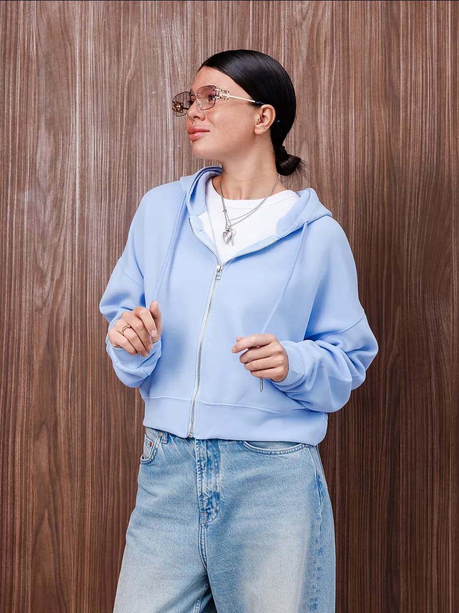 Толстовка укороченная с капюшоном зипка на молнии оверсайз