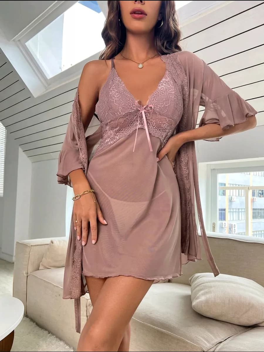 Пижама из нежной сеточки, костюм S - 1822 Какао - фото 1