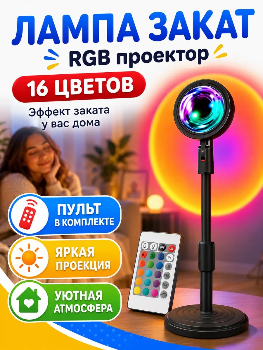 Лампа закат с пультом 16 цветов закатная RGB