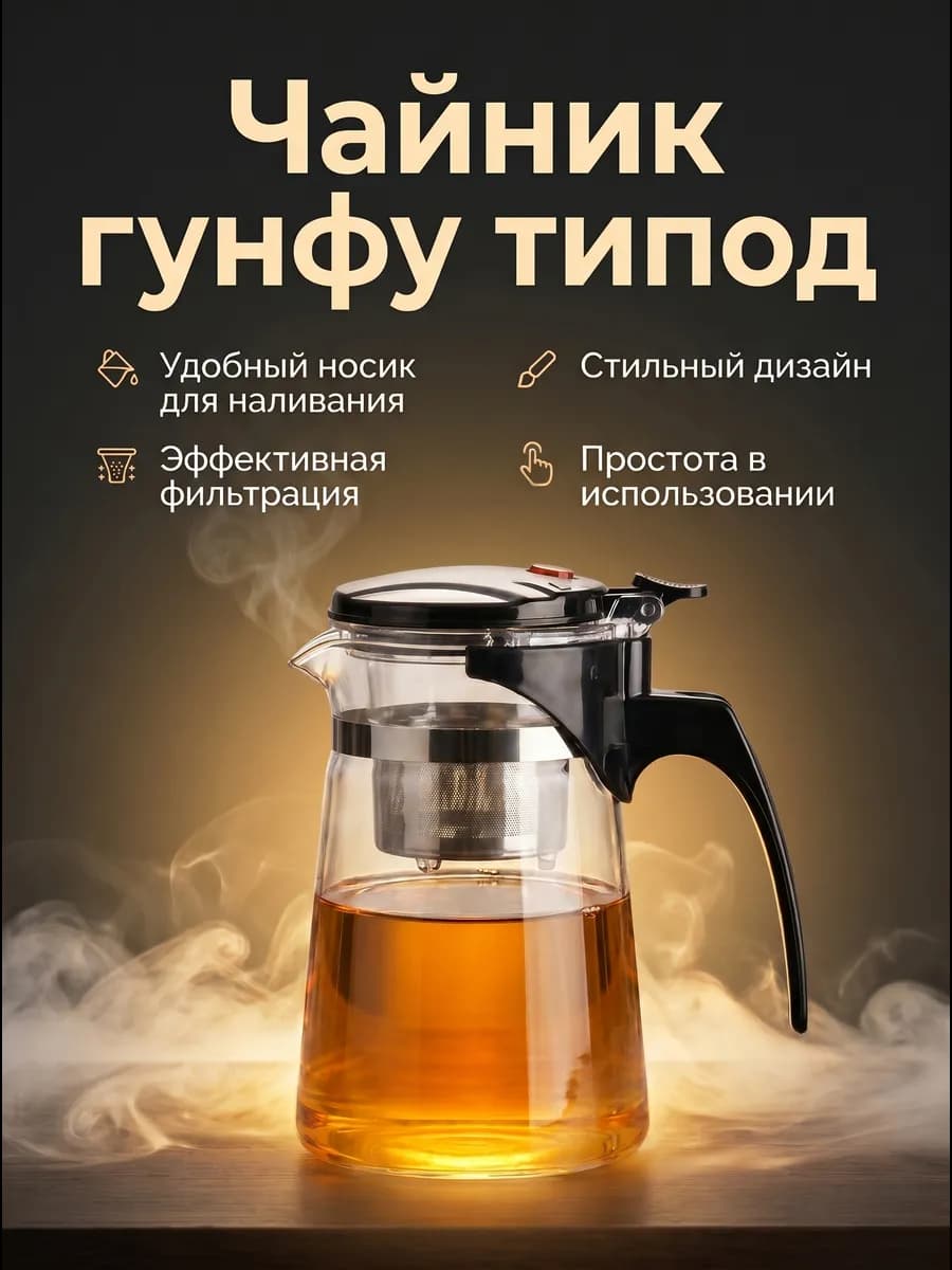 Чайник заварочный типод стеклянный с кнопкой Гунфу 0,75л