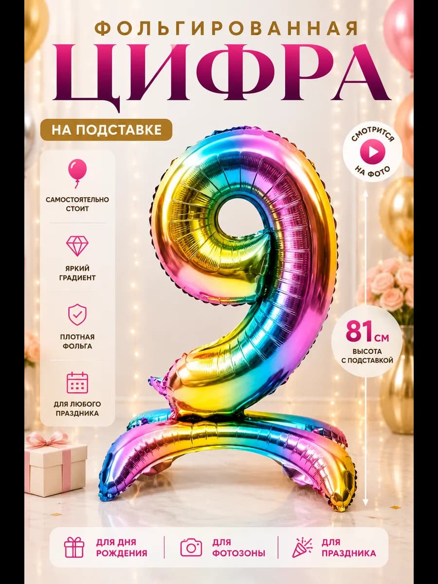 Шар Фольга Цифры Радужный на подставке