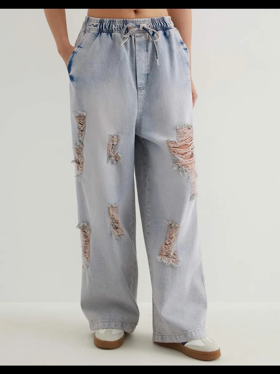 Джинсы Baggy с дырами и эластичным поясом - фото 1