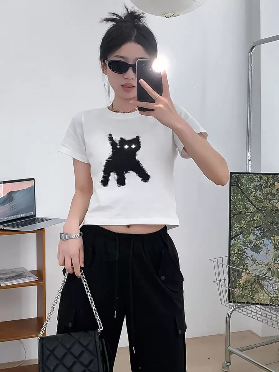 Футболка для подростка y2k укороченная с принтом cat