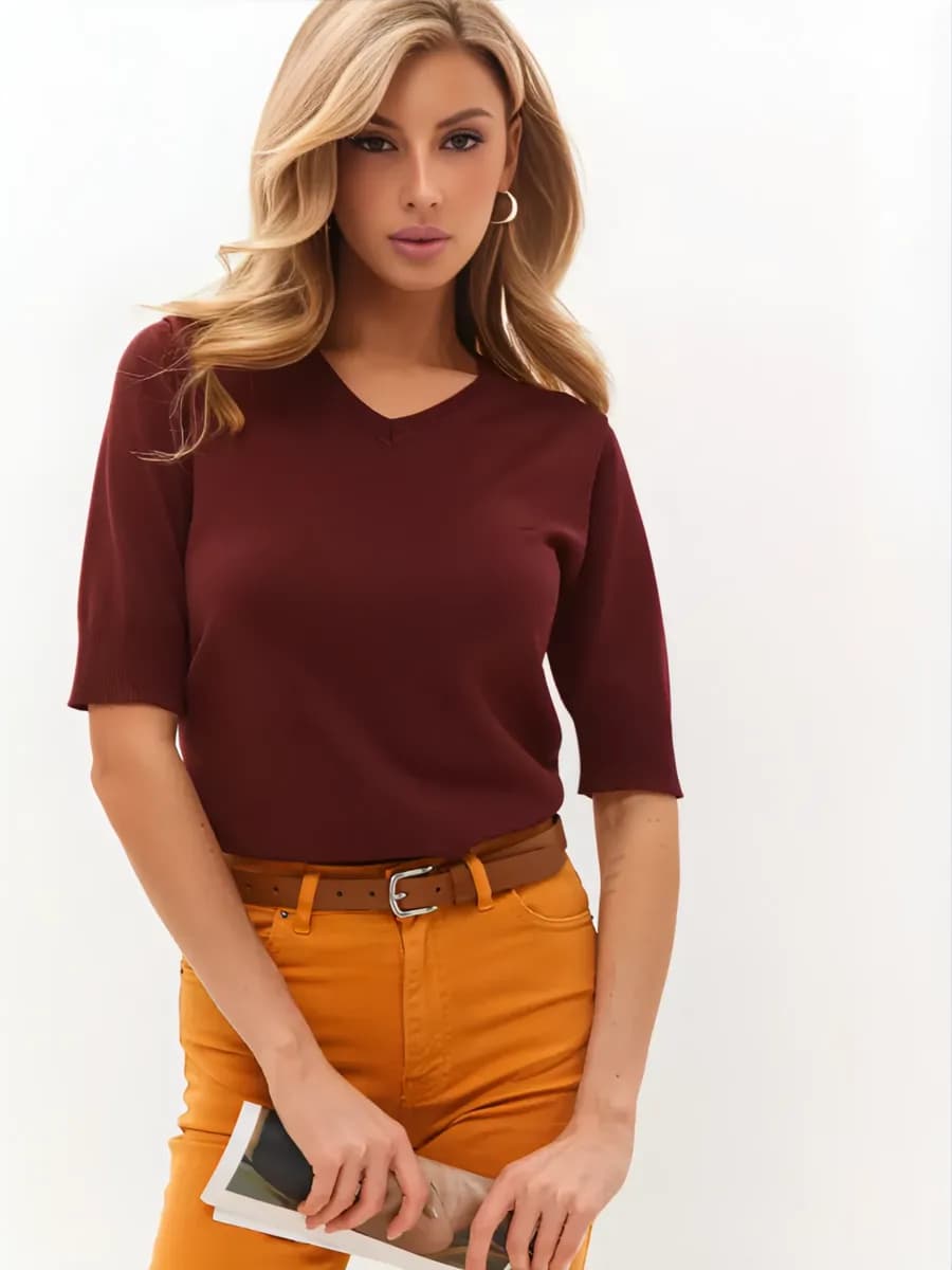 Джемпер кофта с коротким рукавом и вырезом V