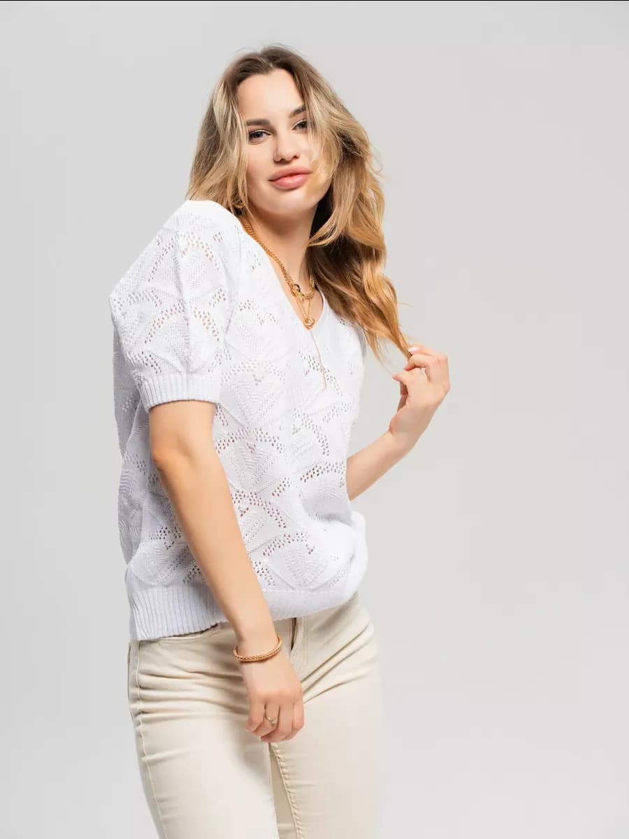 Джемпер вязаный с коротким рукавом ажурный оверсайз