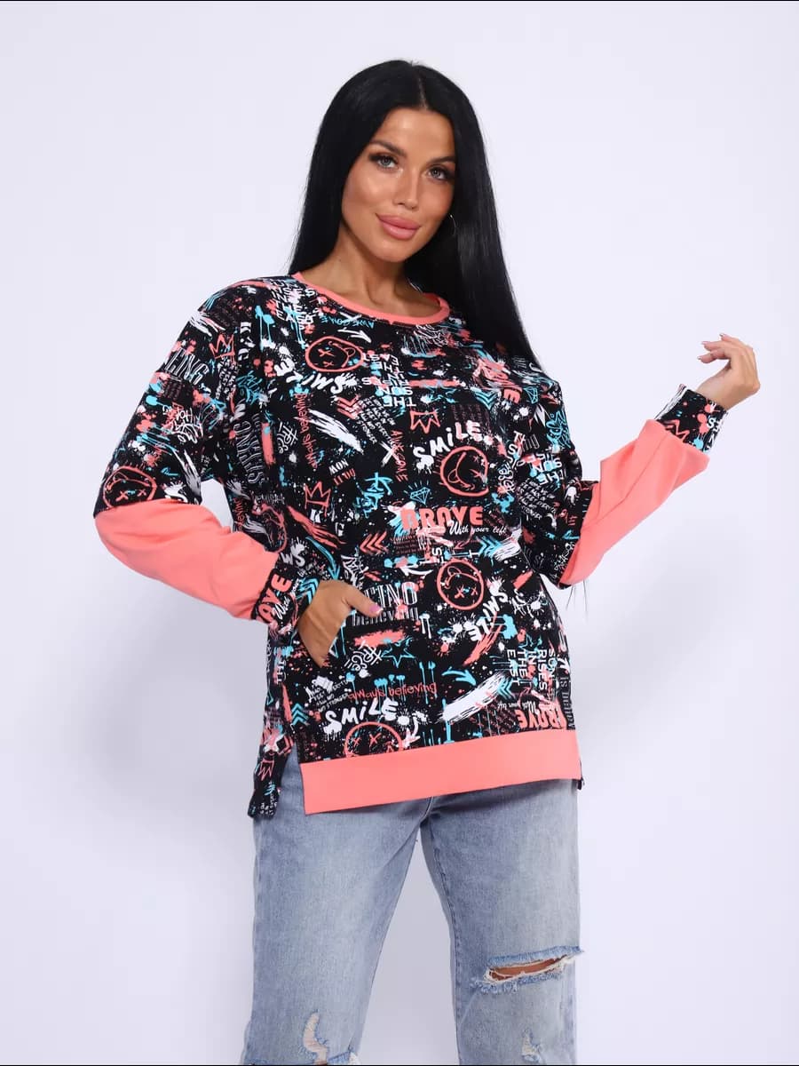 толстовка оверсайз с принтом без начёса - фото 1