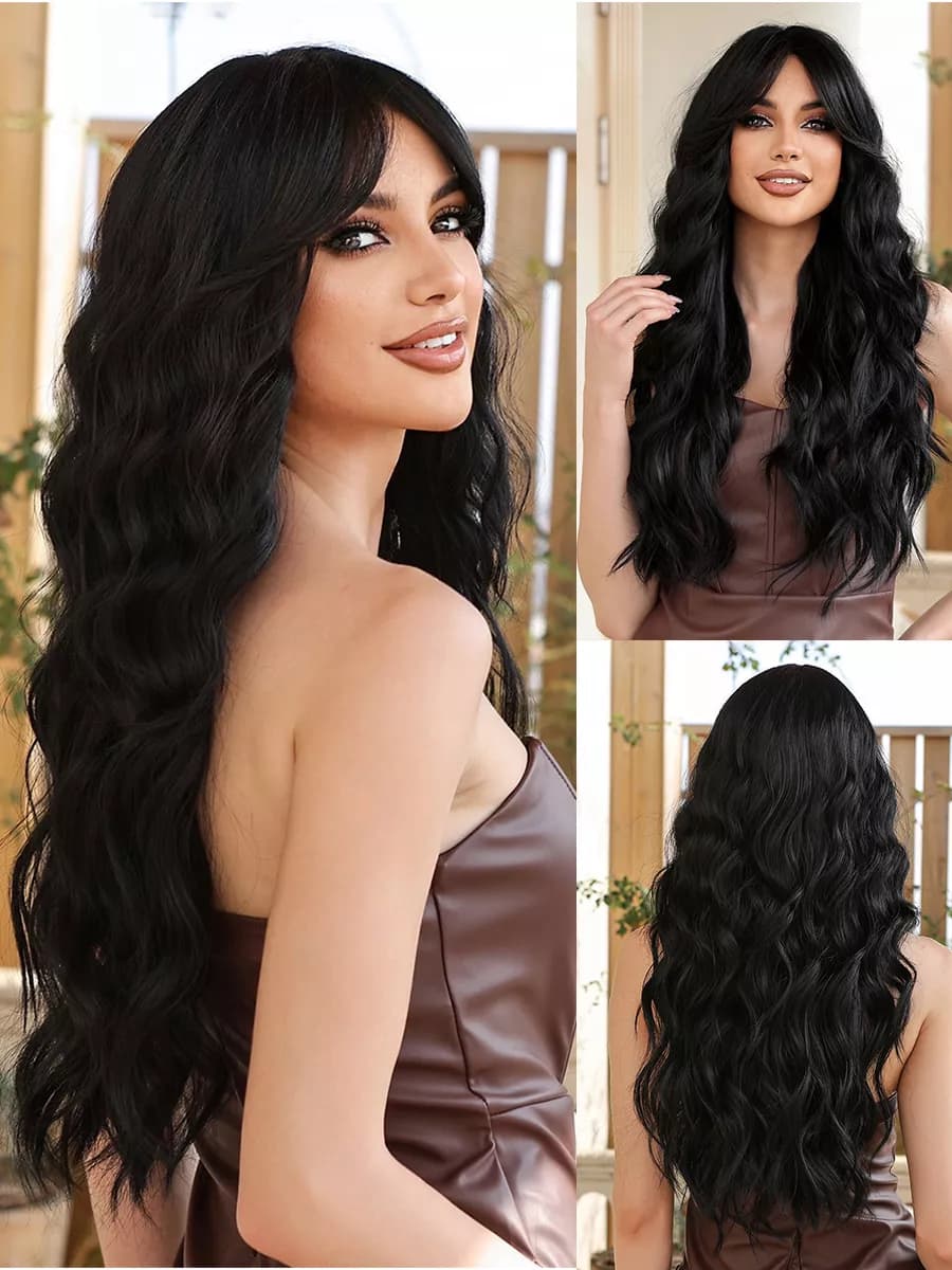 кудрявый черный парик с челкой