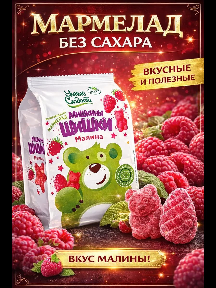 Жевательный мармелад без сахара Мишкины Шишки малина, 150г
