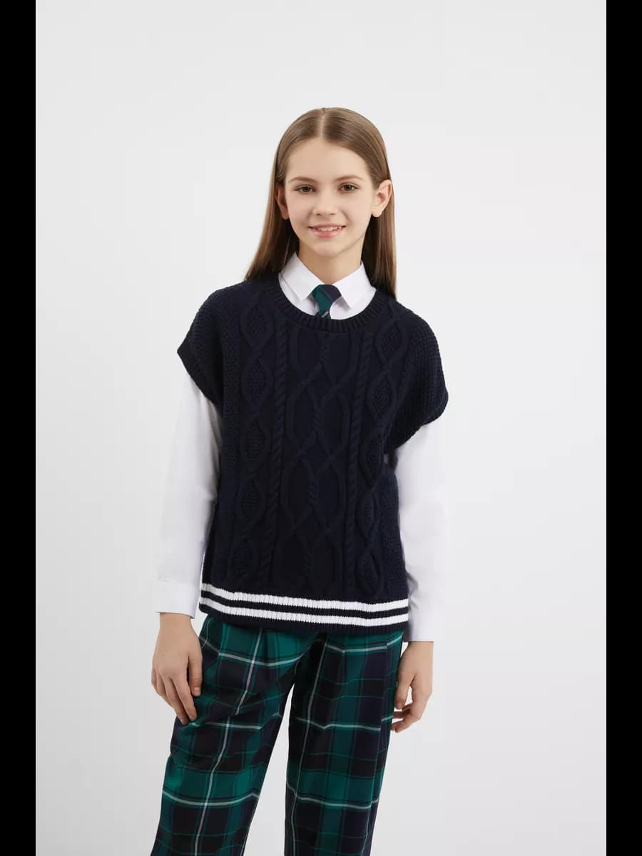 Жилет объёмный вязаный с косами синий для девочки