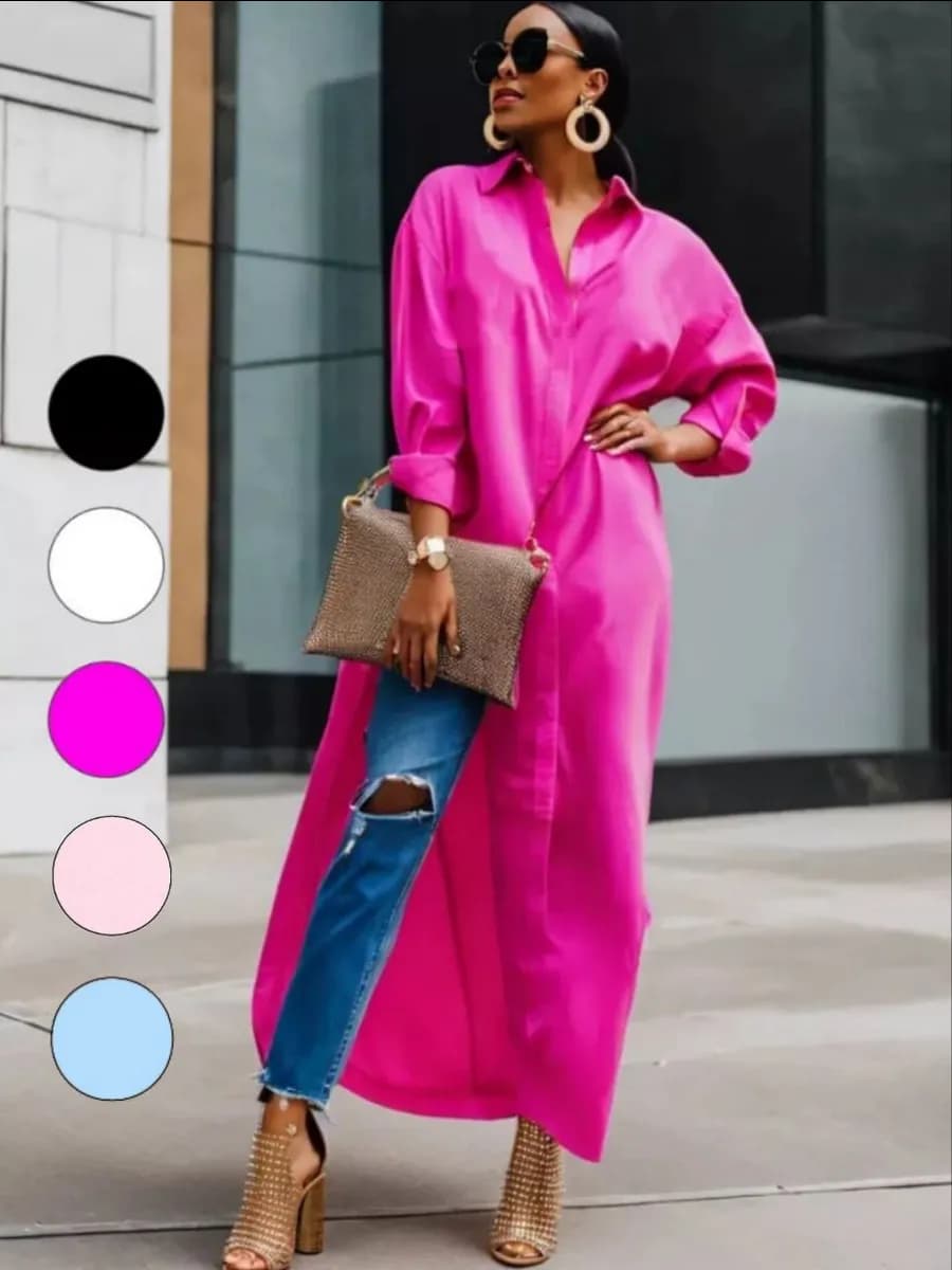 Рубашка платье розовое оверсайз длинная с карманами - фото 1