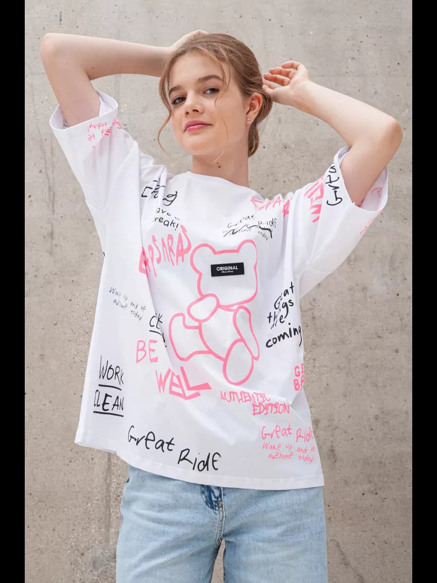 Футболка оверсайз для девочек подростков с принтом мишки