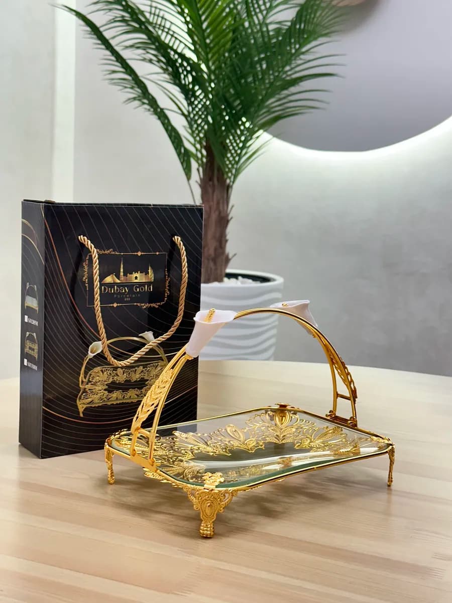 Фруктовница металлическая со стеклянным блюдом с ручкой