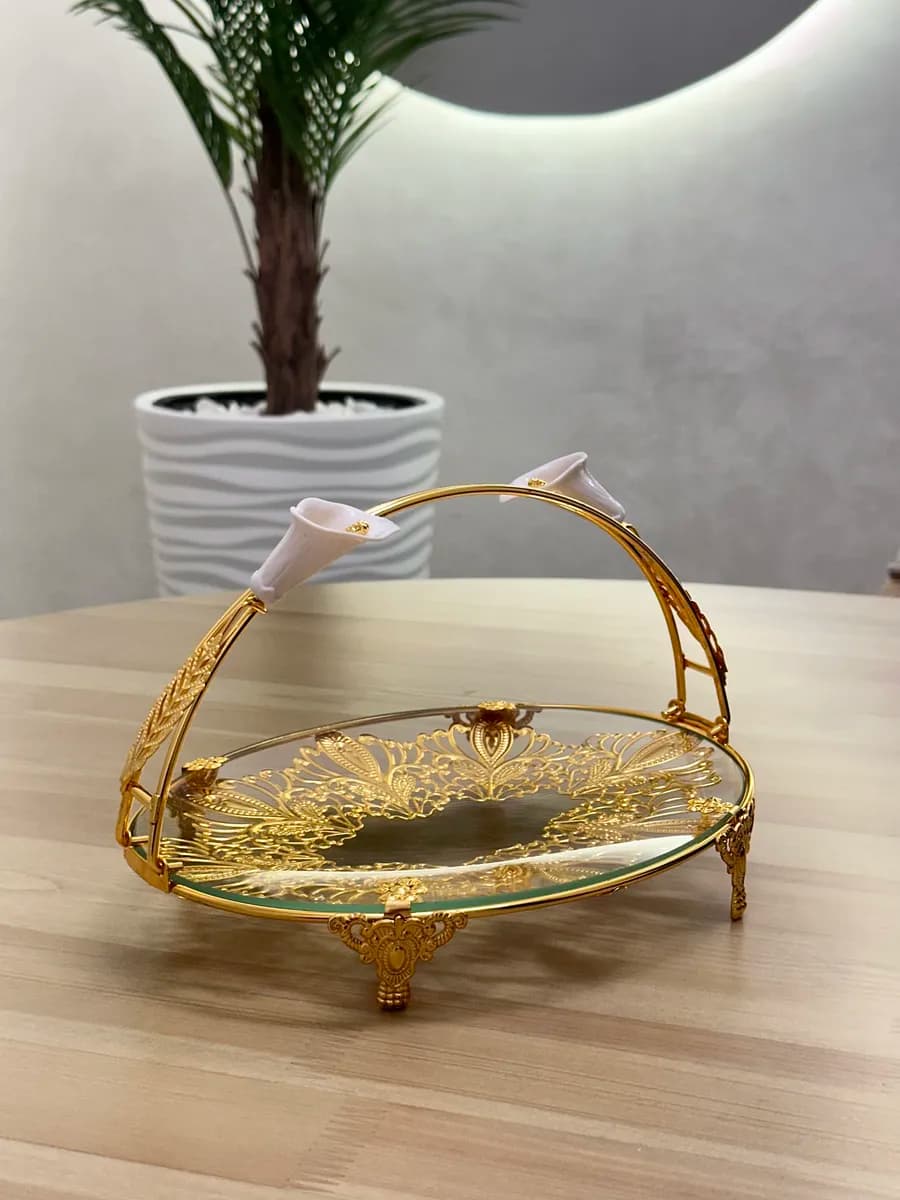 Фруктовница металлическая со стеклянным блюдом с ручкой