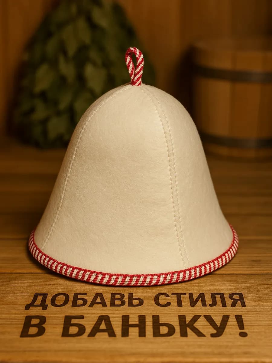 Шапка Для Бани Белая с красной бейкой
