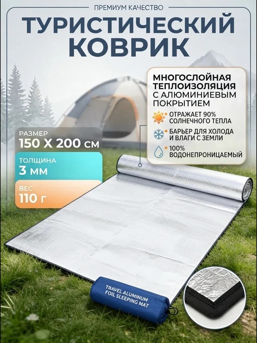Туристический коврик фольгированный для палатки, 150×200см