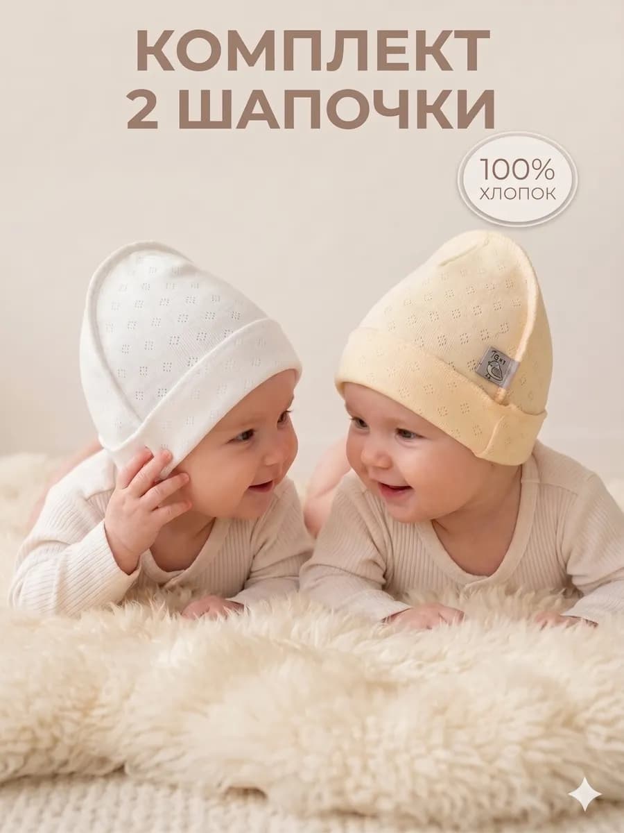 Чепчики для новорожденных набор 2 шт шапочки для малышей