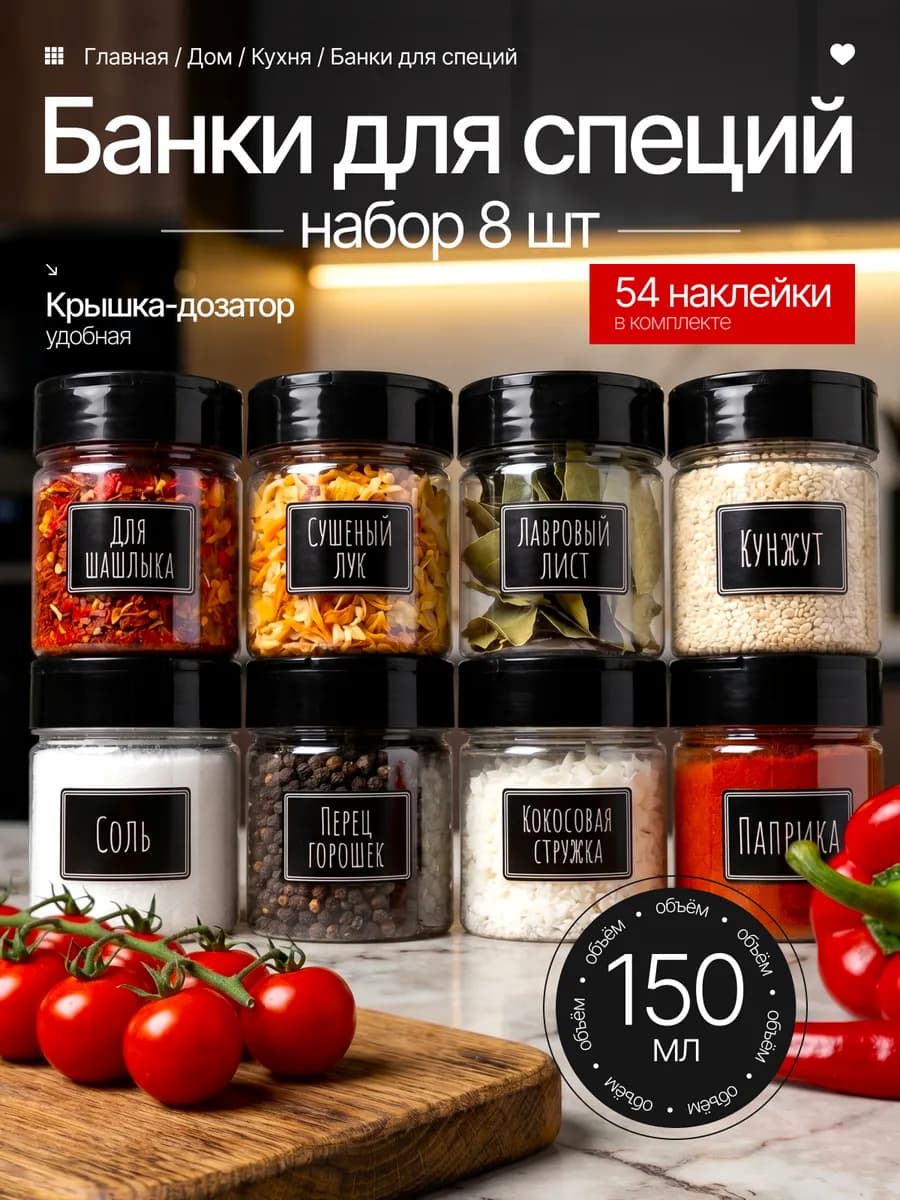 Набор баночек для специй с дозатором и наклейками