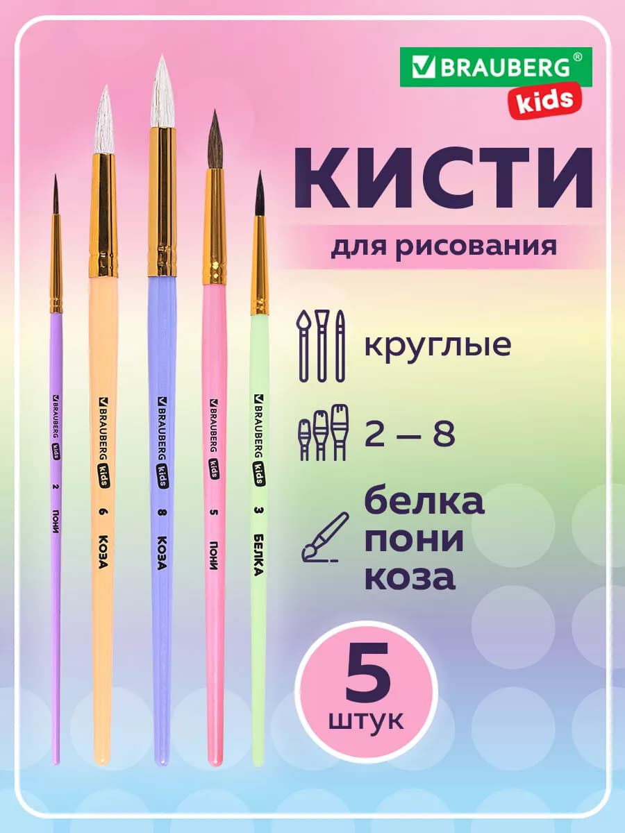 Кисти для рисования в школу 5 шт, кисточки белка коза пони