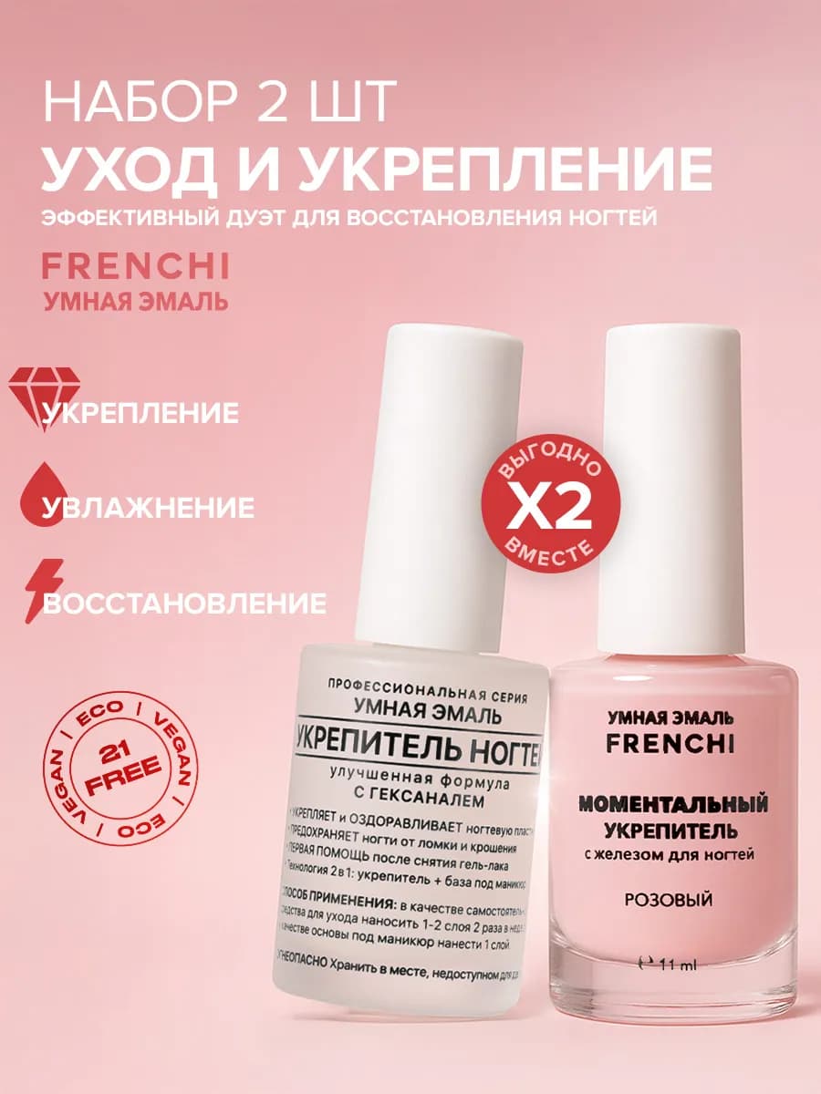 Набор лаков для ногтей розовый и прозрачный Умная Эмаль