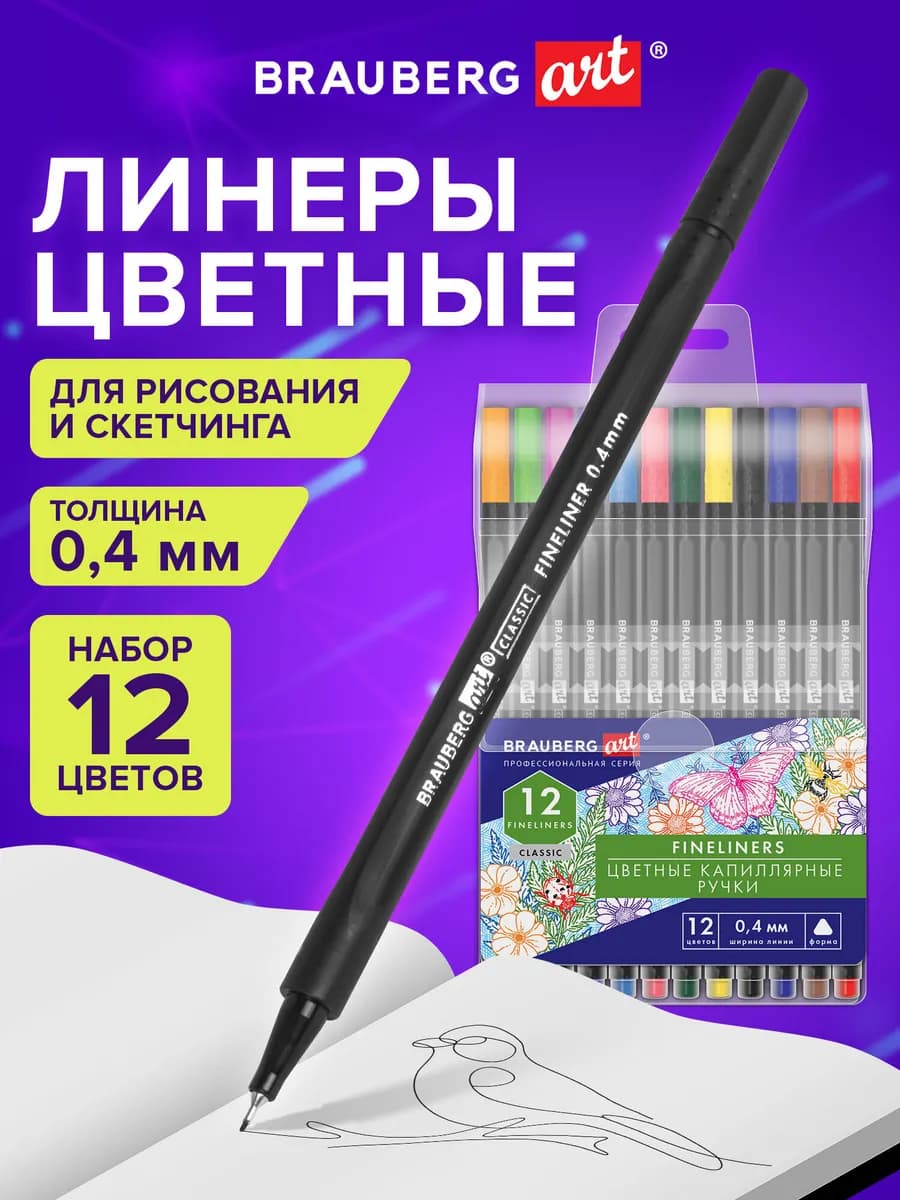 Линеры, капиллярные ручки цветные набор 12 шт для рисования
