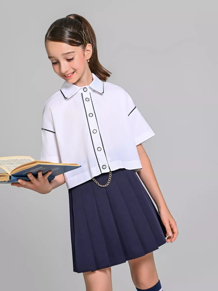 Блуза рубашка школьная укороченная с брошкой