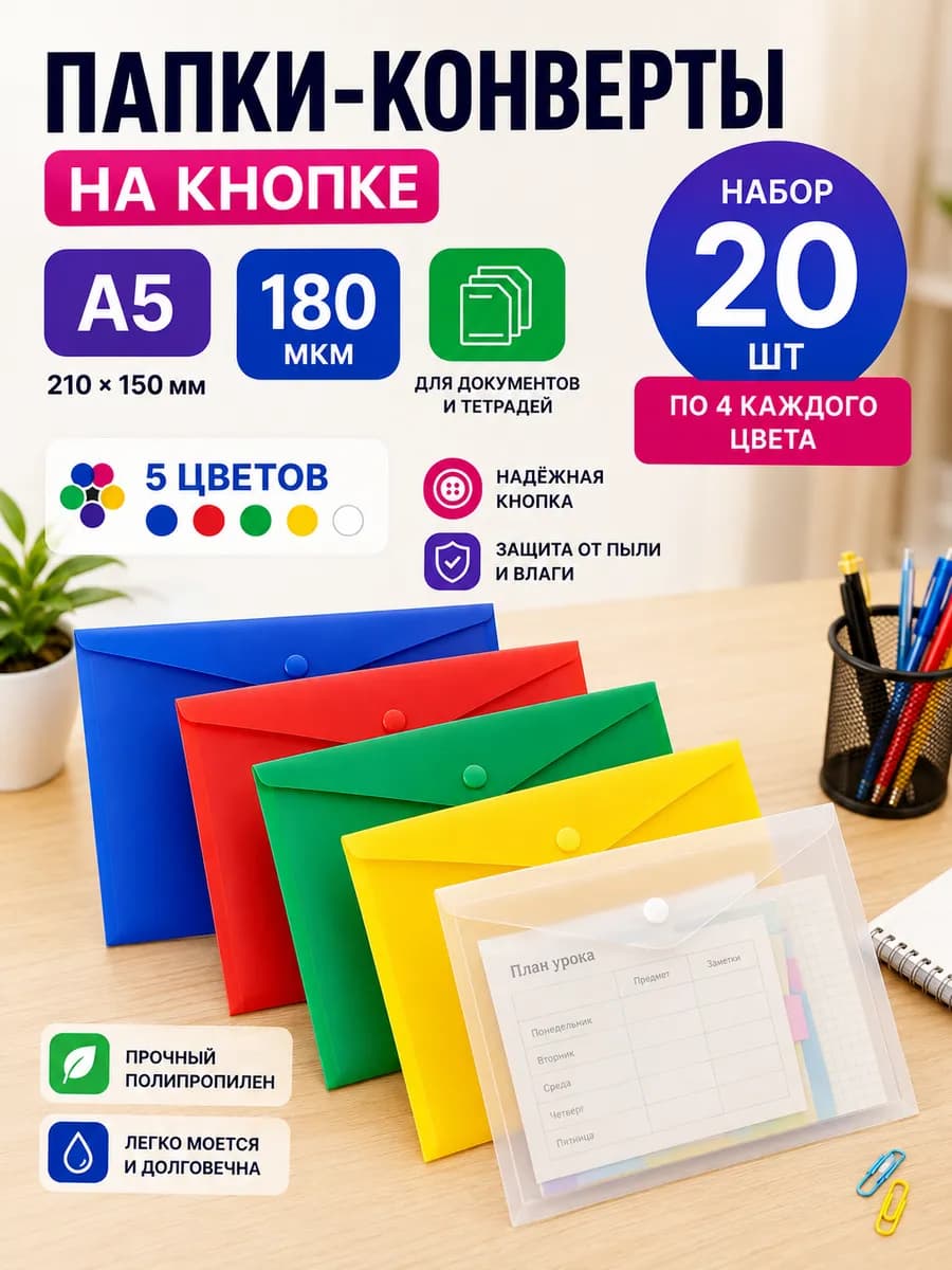 Папка-конверт на кнопке А5-20 шт