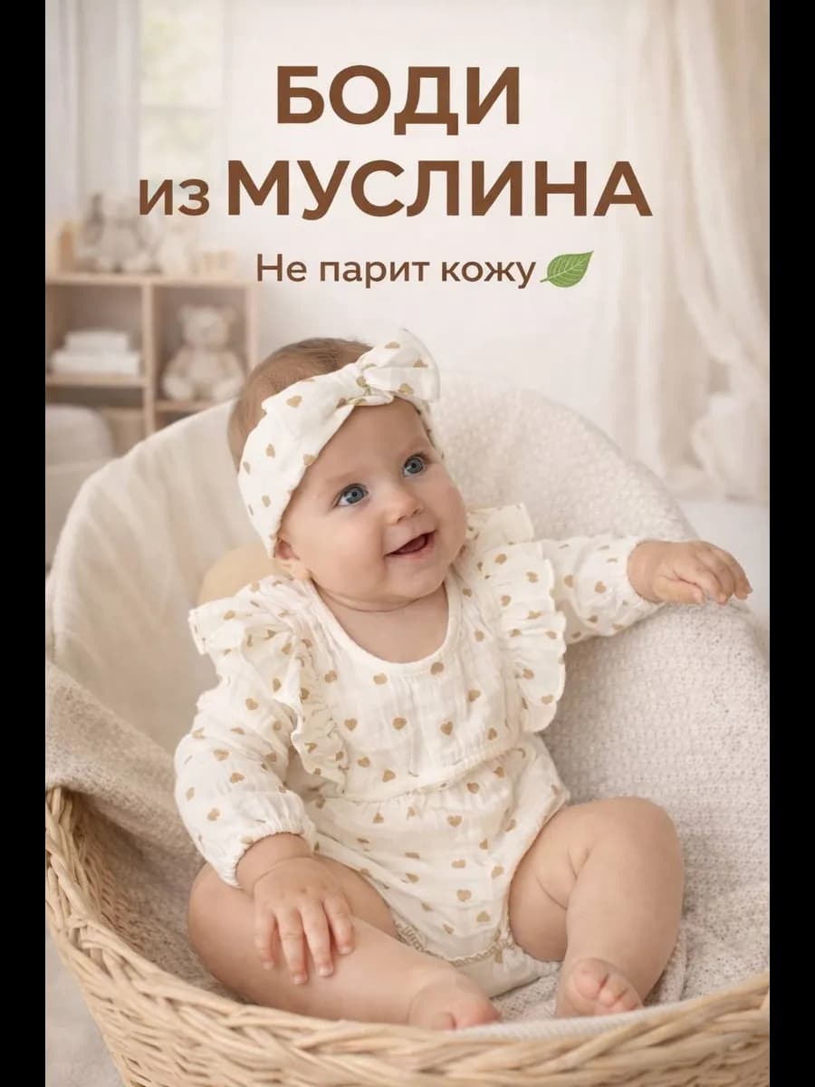 Муслиновое боди для новорождённых 0–5 мес,мягкая ткань