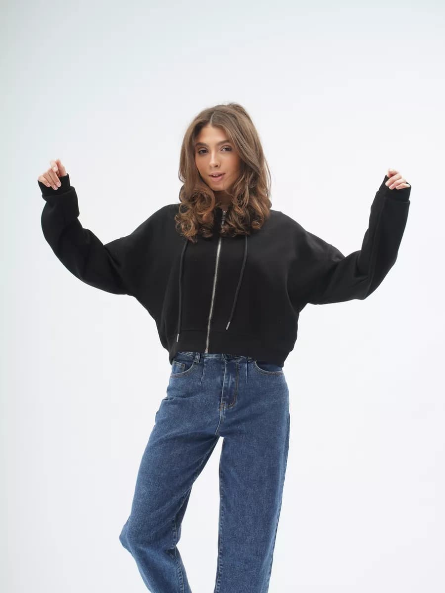 Толстовка укороченная с капюшоном зипка на молнии оверсайз - фото 1