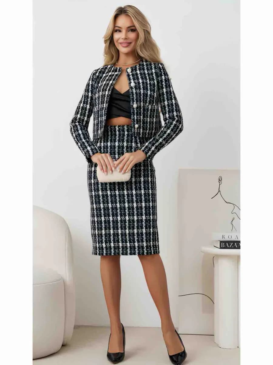 Женский твидовый костюм двойка с жакетом и юбкой, офисный