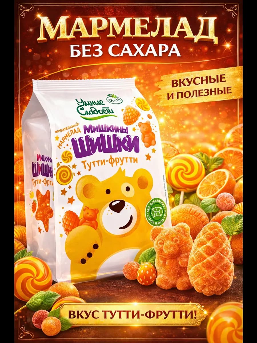 Жевательный мармелад без сахара Мишкины Шишки тутифрути,150г