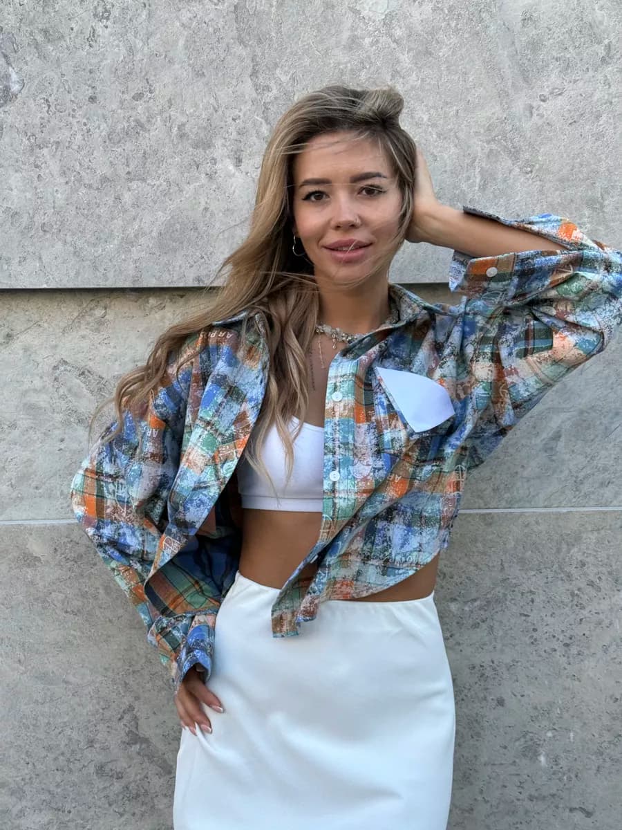 Рубашка в клетку оверсайз фланелевая укороченная летняя