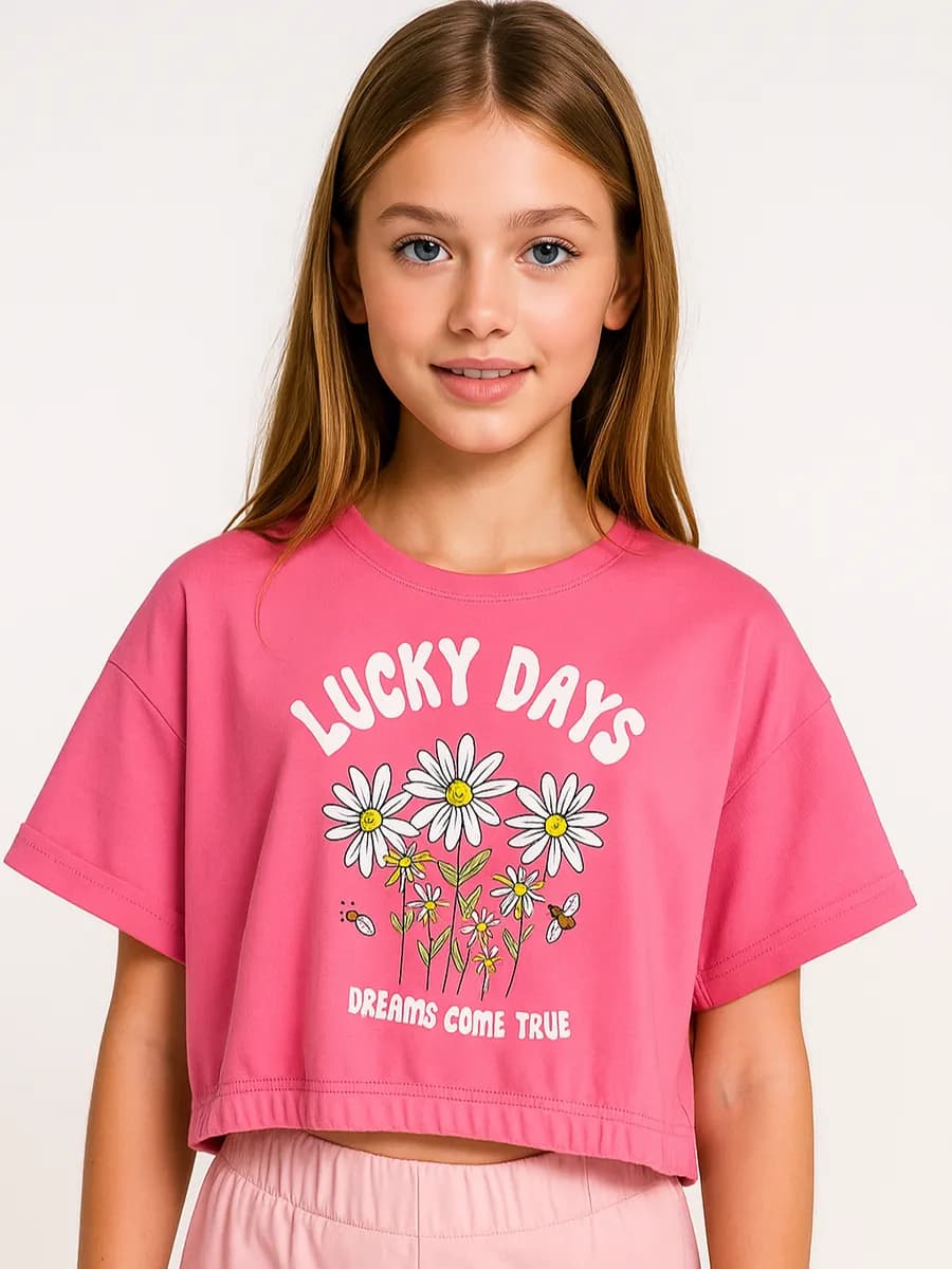 Футболка для девочки оверсайз укороченная розовая с принтом