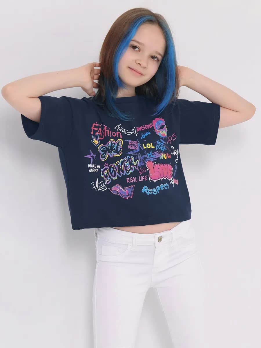 Футболка для девочки укороченная оверсайз - фото 1